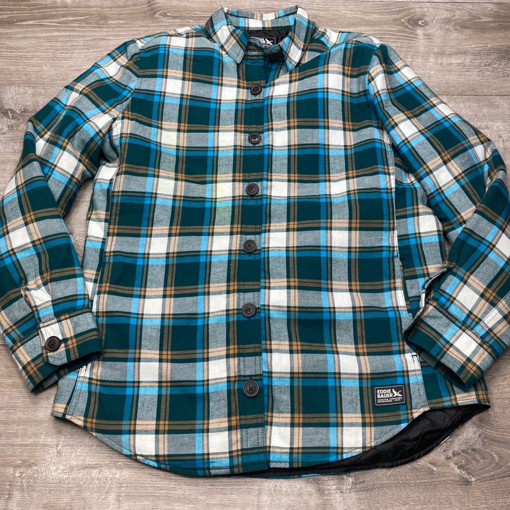 Eddie Bauer Shirt Jacket Womens M Teal Plaid Quilted Lined Flannel Outdoor - Picture 1 of 10